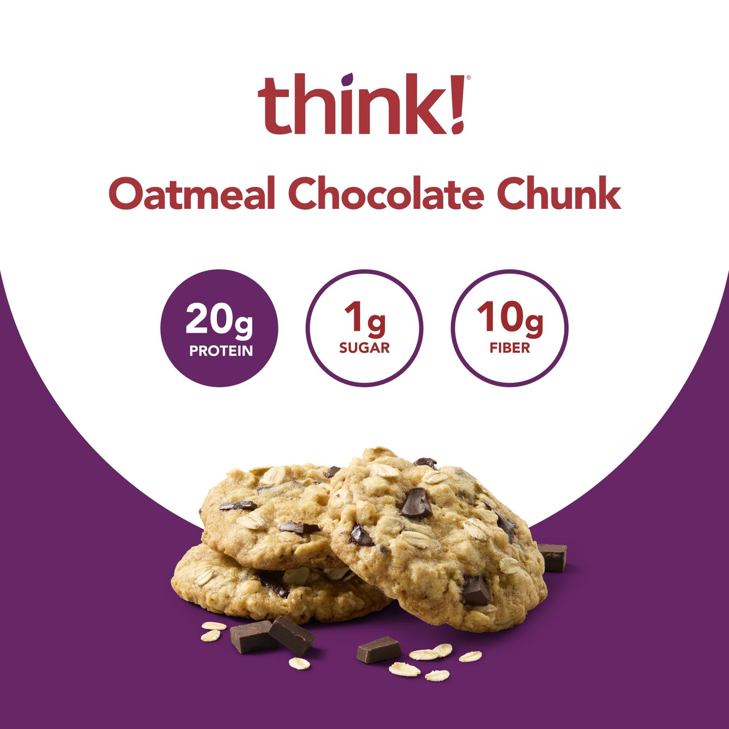 think! High Protein Snack Bars, Gluten Free Oatmeal Chocolate Chunk, 10 Count, High Fiber, Delicious & Nutritious Protein Bars