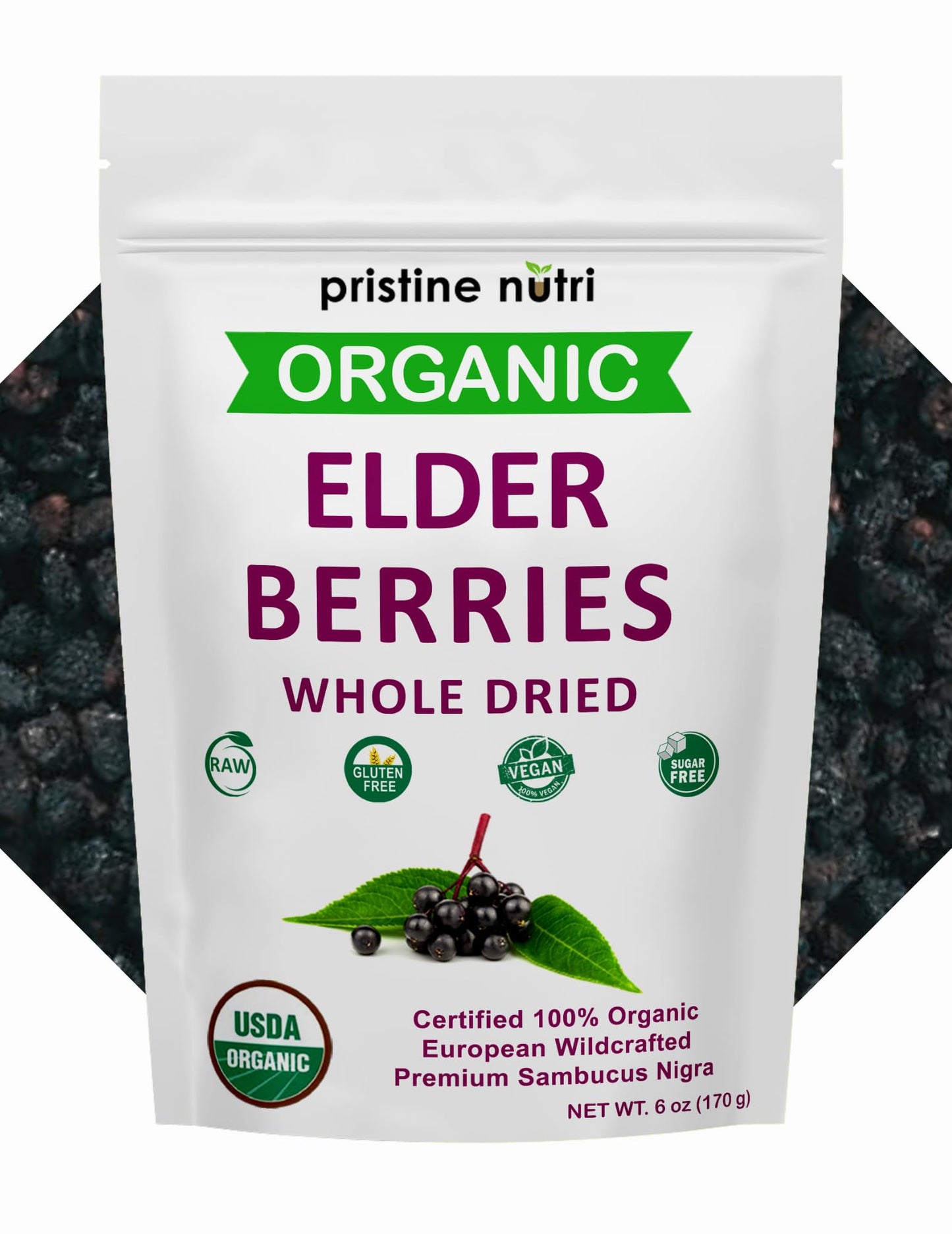 100% Organic Elderberries Dried | Whole European Elderberry Dried Wildcrafted All Natural | Non-Gmo Non-Irradiated | Immunity Booster Antioxidants And Vitamins | Make Syrup Tea| 6 Oz