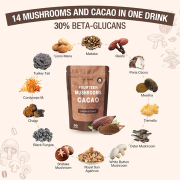 Mushroom Coffee Alternative 14 In 1 - 30 Servings, Cacao With 800Mg Mushrooms - Lion'S Mane, Reishi, Maitake, Turkey Tail, Chaga
