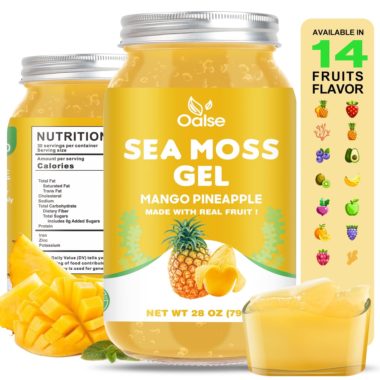OALSE (28OZ Irish Sea Moss Gel Mango Pineapple Flavor - Natural Seamoss Gel with 92 Minerals and Vitamins - Non-GMO, Gluten-Free