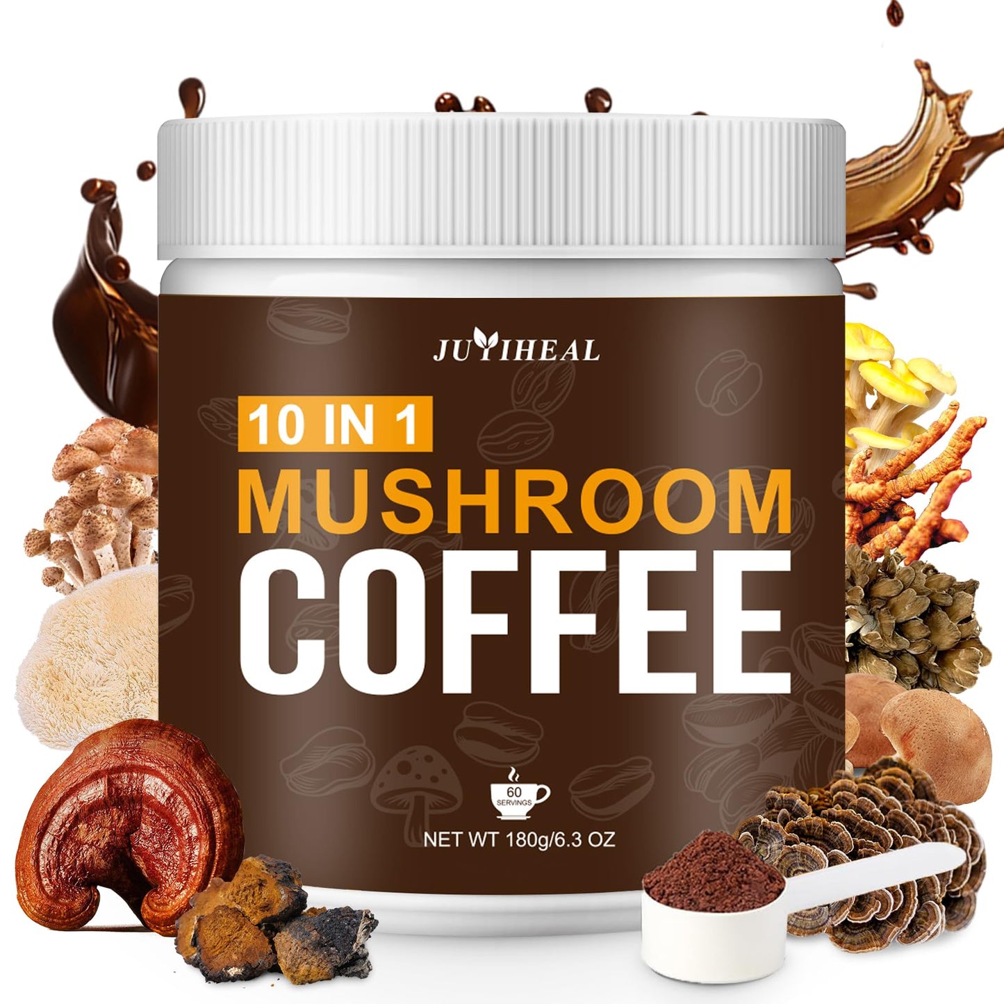 Juyiheal Mushroom Coffee 10 In1 Mushroom Powder Coffee With Lions Mane Chaga Reishi Cordyceps Maitake Shiitake And Turkey Tail For Energy Focus Immune Support 180G