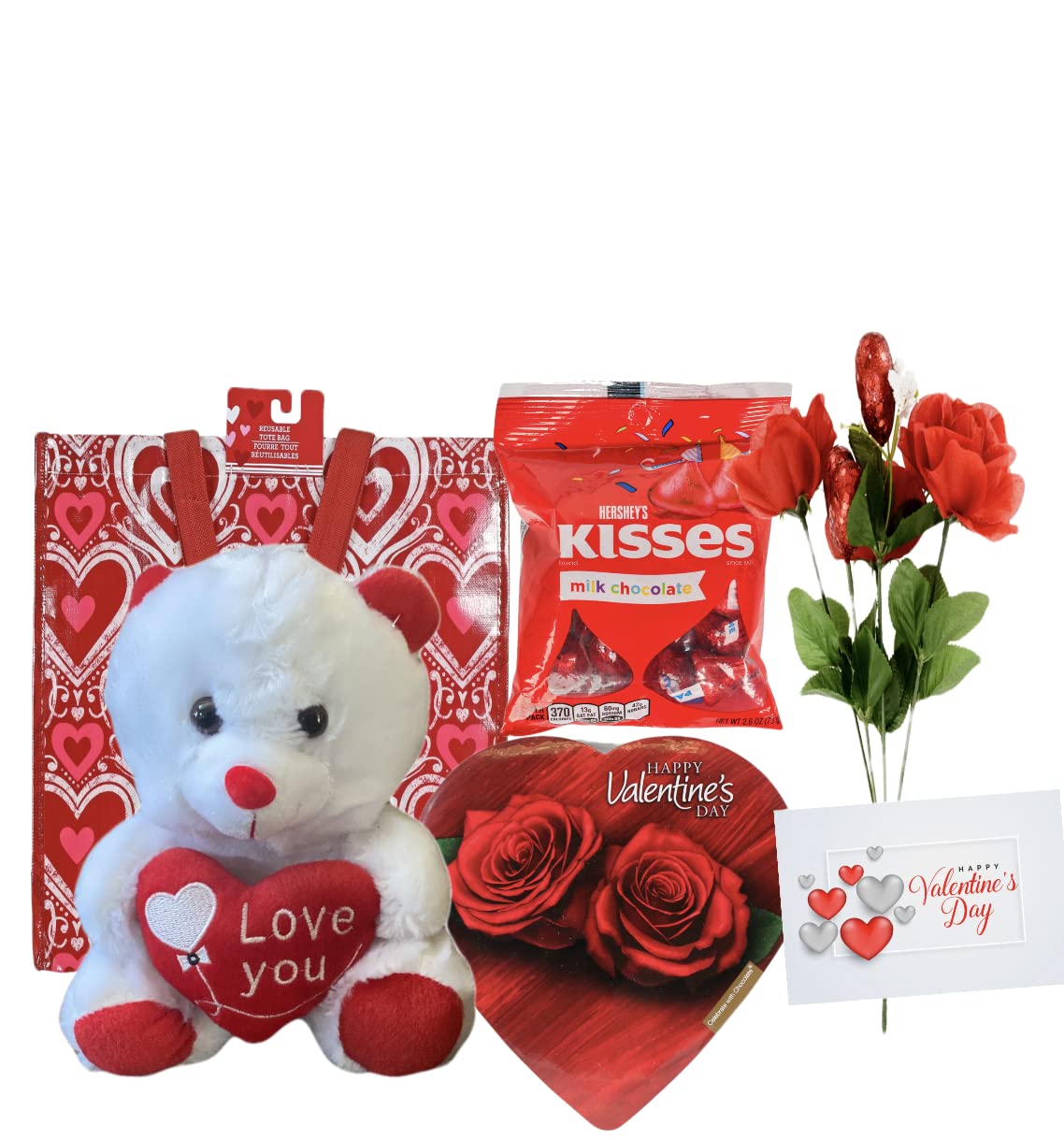 Valentines Day Gift Basket Set 9 Inch (White Or Red) Teddy Bear Plush Hershey'S Kisses Milk Chocolate Elmer Heart Shaped Choco