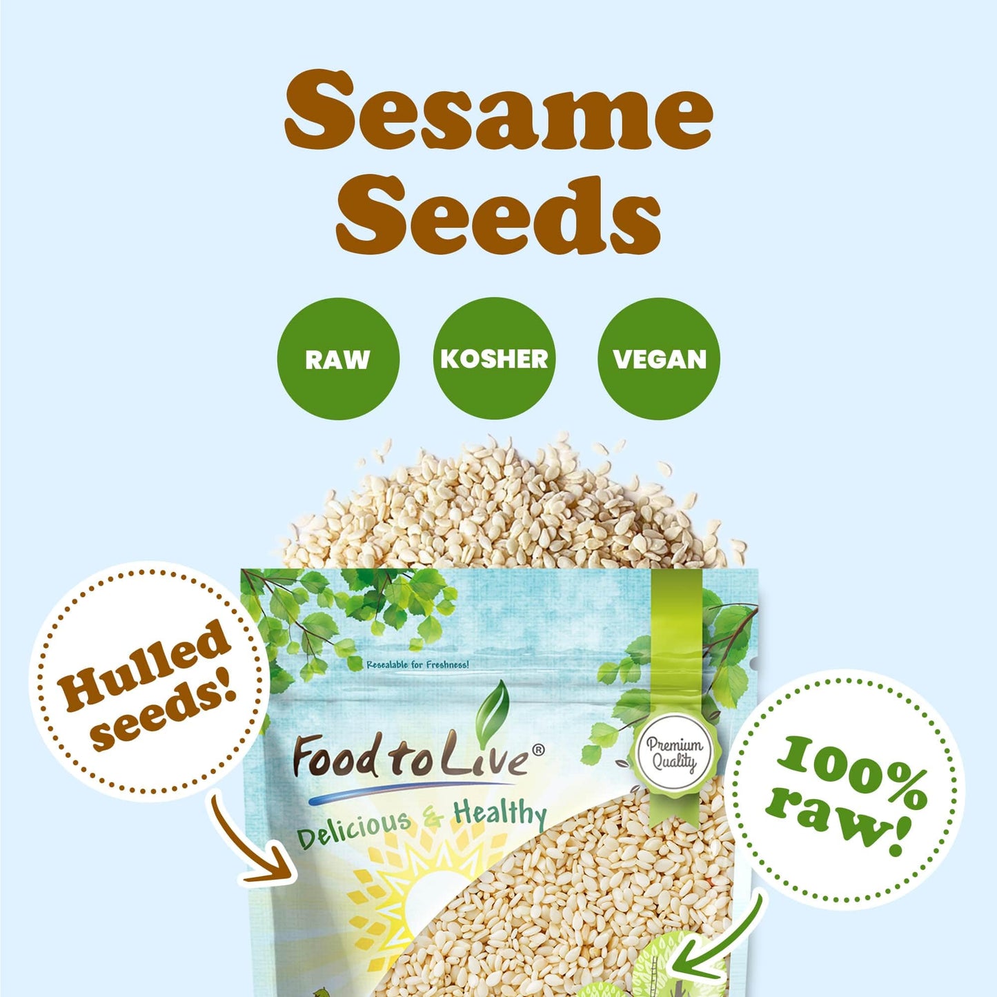 Hulled Sesame Seeds, 18 Pounds - Non-Gmo Verified, Whole Raw White Sesame Seeds, Kosher And Vegan, Unroasted, Bulk Sesame. High