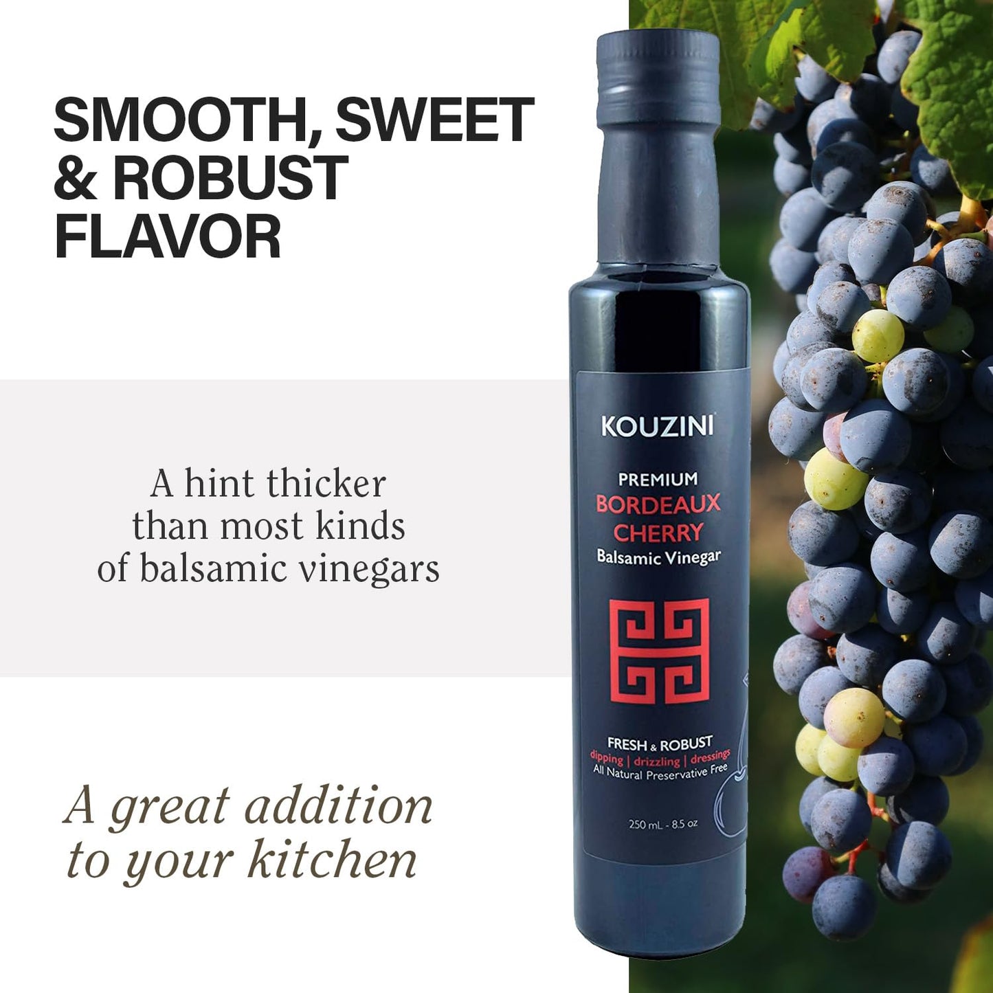Kouzini Ultra Premium Bordeaux Cherry Balsamic Vinegar, Aged Balsamic Vinegars From Modena, Italy, Premium, Smooth & Full-Bodied Flavor, 250Ml Bottle