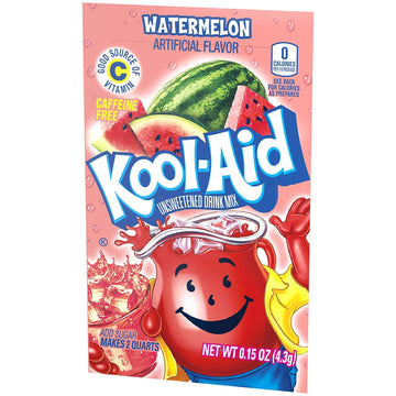 Kool-Aid Watermelon Flavored Powdered Drink Mix, Unsweetened, Caffeine-Free, 0.15 Ounce, Pack of 48