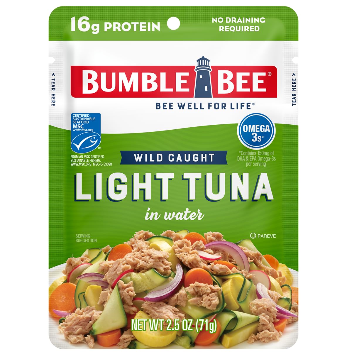 Bumble Bee Chunk Light Tuna In Water, 2.5 Oz Pouch - Ready To Eat Wild Caught Skipjack Tuna Packet - 16G Protein Per Serving - Msc Sustainable Seafood, Non-Gmo, Gluten Free, Kosher