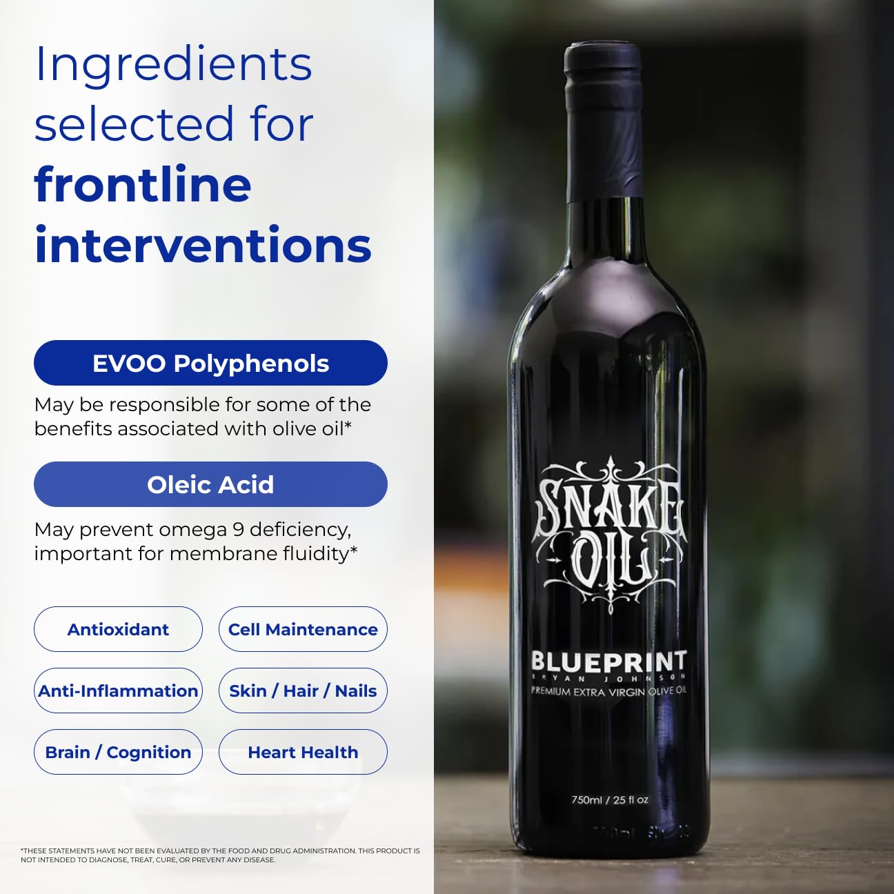 Blueprint Bryan Johnson Extra Virgin Olive Oil, Cold Pressed, Polyphenol Rich, 750ml Glass Bottle, Keto & Paleo Friendly