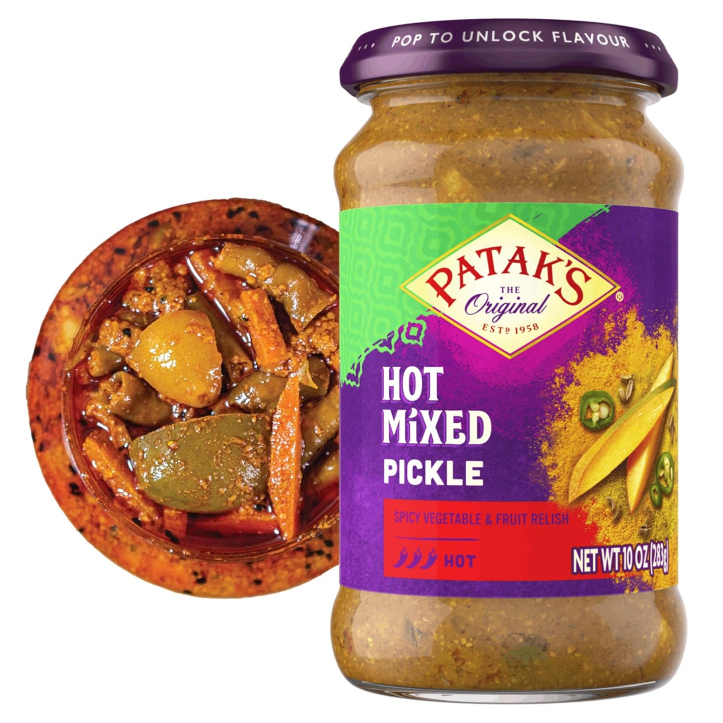 Pataks Hot Mixed Pickle - Authentic Indian Relish w/Mangoes, Carrots, Limes, Chili Peppers & Aromatic Spices -Perfect for Sandwi