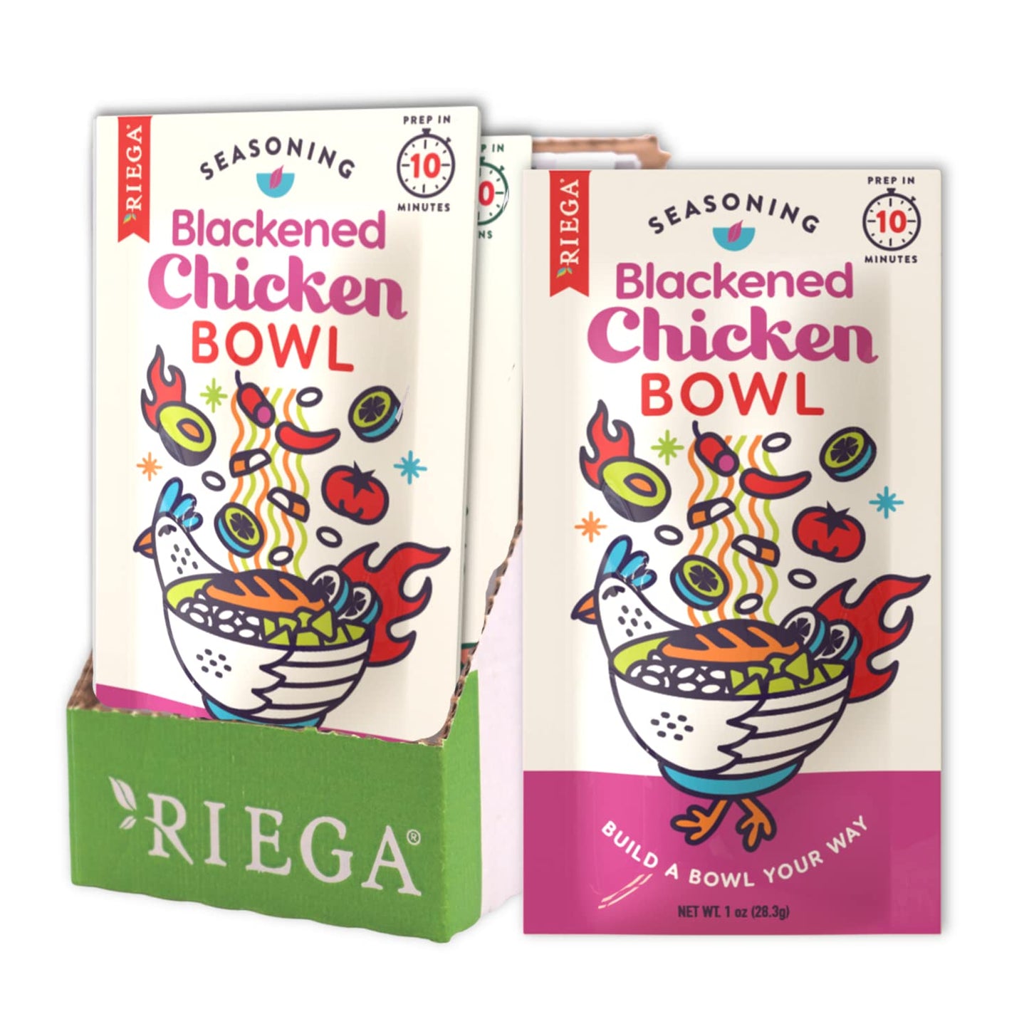 Riega Chili Seasoning Mix, Organic Spice Blend for Cooking Soups and Stews, 0.9 oz Packets, 8 Count (Blackened Chicken Bowl)