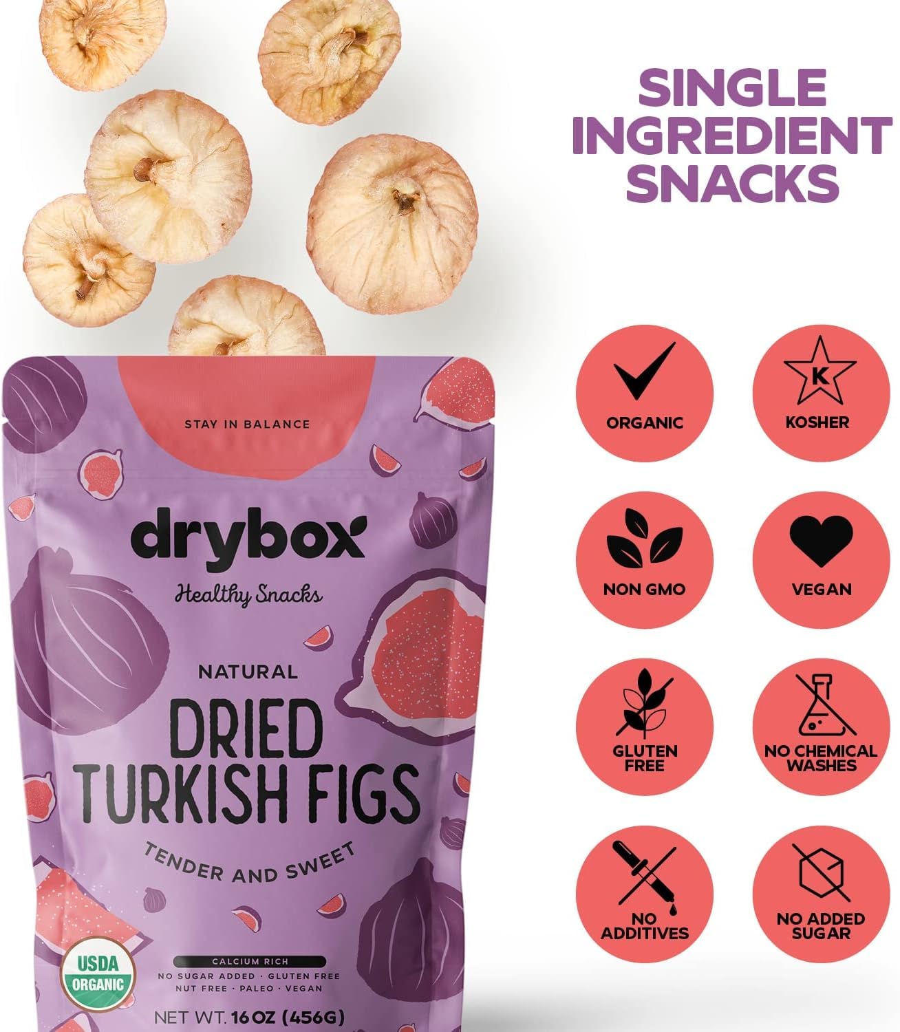 Drybox Organic Dried Turkish Figs No Sugar Added, 1 Pack Smyrna Fig Unsulfured Unsweetened Non-GMO - Natural Dried Fruit for Sna