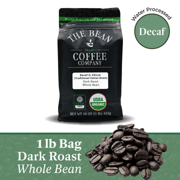 The Bean Organic Coffee Company Water Processed Decaf Il Chicco (Traditional Italian Roast), Dark Roast, Whole Bean Coffee, 16-O