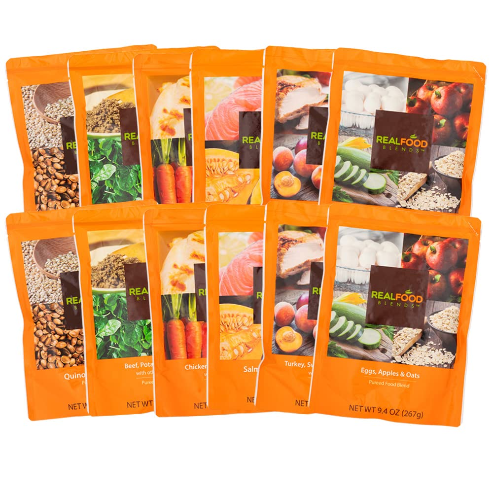 Real Food Blends - Variety Pack - Pureed Food Pouches for Tube Feeding - Real Foods Blends with Turkey, Salmon & More - Feeding