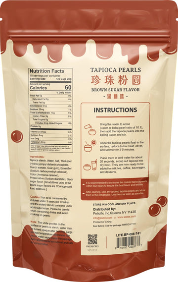 Soeos Boba Pearls, Black Tapioca Pearls 8.8 Oz, Black Sugar Flavor Boba Pearls For Bubble Tea, Smoothies & Desserts - Sweet, Che