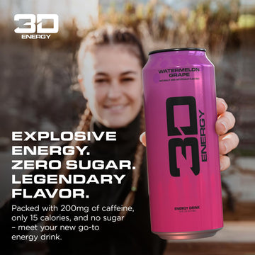 3D Energy Drink - Sugar Free 200mg Caffeine Pre Workout Taurine L-Carnitine Lightly Carbonated 16oz Cans 12 Pack - Watermelon G