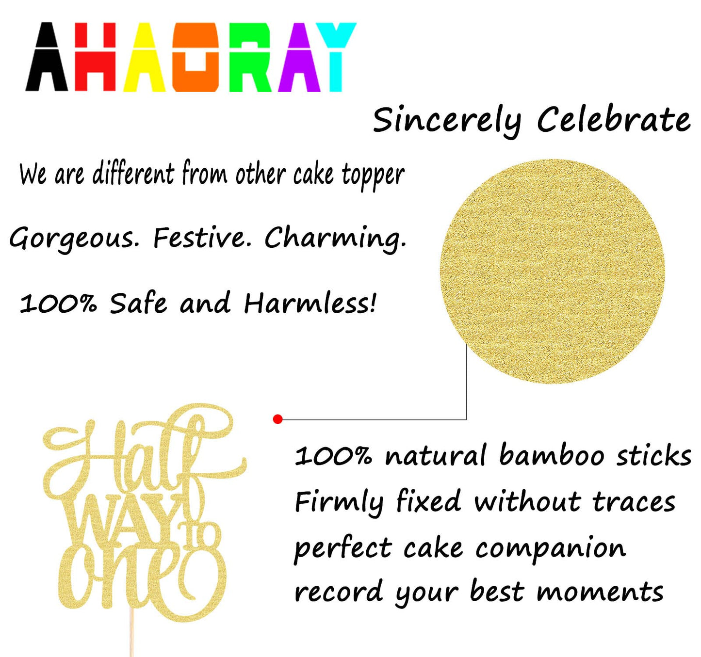 Ahaoray Half Way To One Cake Topper - Gold Glitter 6 Months Birthday Decorations Supplies - Half Birthday Decorations Baby Girl, For Baby Shower/Gender Reveal Party Photo Booth Props