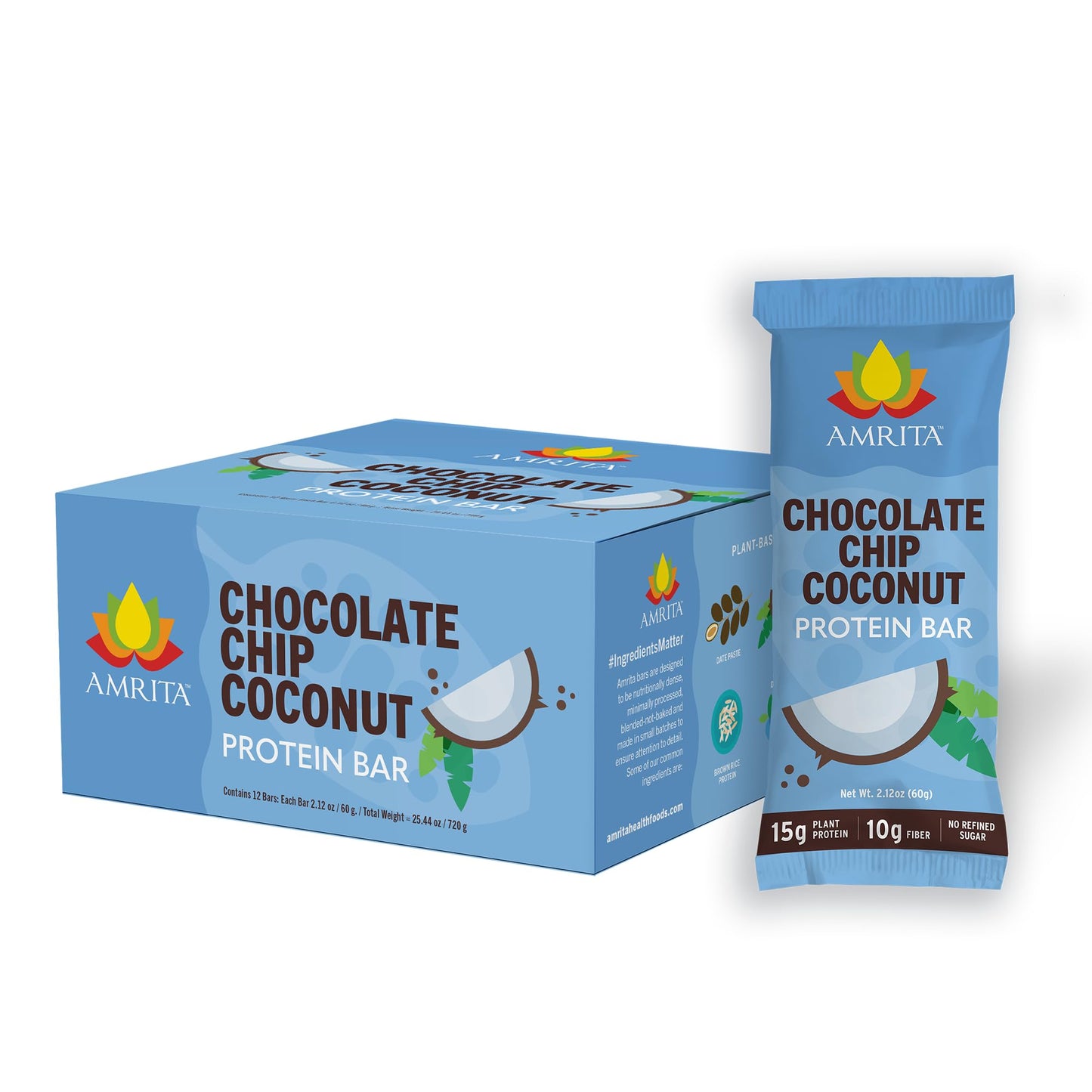 Amrita Chocolate Chip Coconut Vegan Protein Bars - Peanut/Dairy Free, Soy & Gluten Free -15G Plant Based Protein Bars, High Fibe