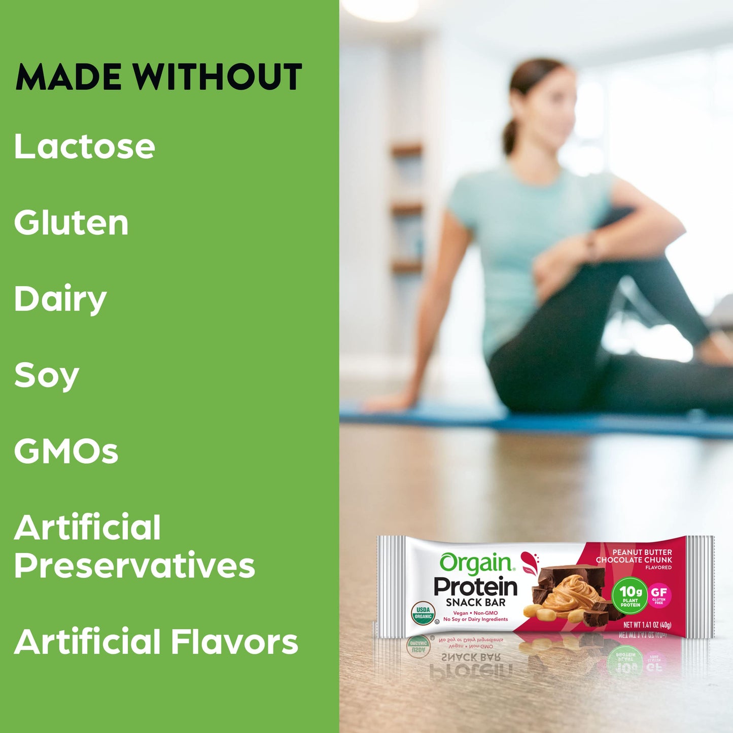 Orgain Organic Vegan Protein Bars, Peanut Butter Chocolate Chunk, 10g Protein, Gluten Free, Non-GMO, Pack of 12