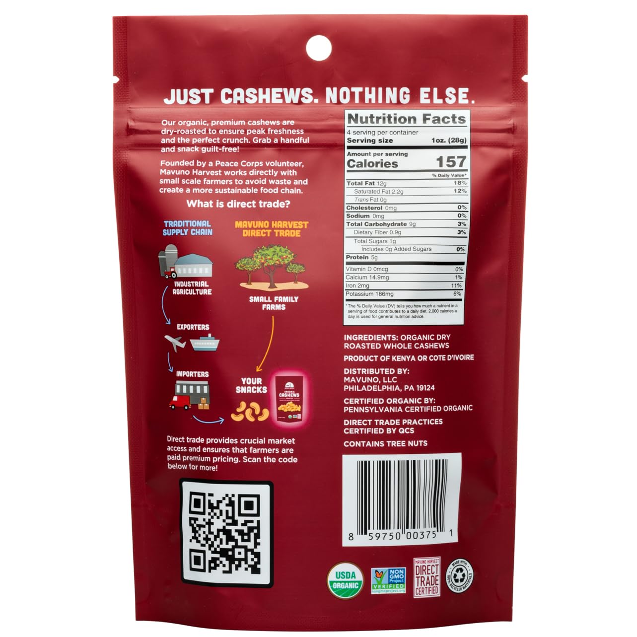 Mavuno Harvest Organic Roasted Cashews | Unsalted Whole Cashews | Dry Roasted Cashew Nuts | Vegan, Low Sodium, Non Gmo Healthy S