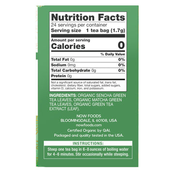 Now Foods, Certified Organic Green Kick Tea, With Polyphenols, Premium Unbleached Tea Bags With No-Staples Design, No Added Colo