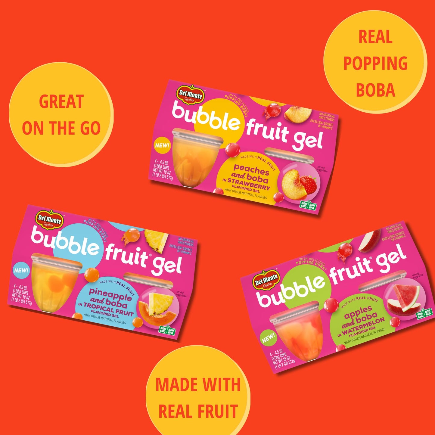 Del Monte Bubble Fruit Gel Apples and Boba in Watermelon Flavored Gel, 4.5oz (24 Count) | Real Fruit & Popping Boba Pearls, Lunc