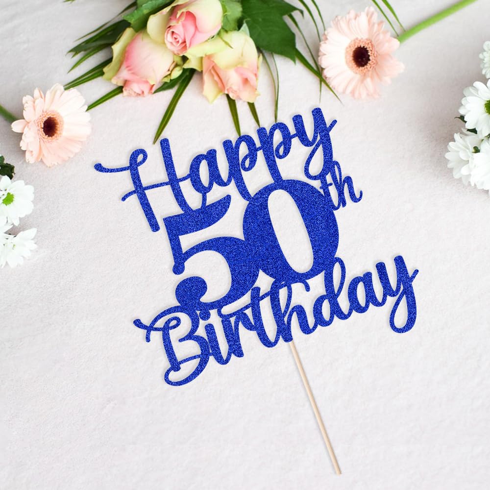 Kaoenla Glitter 50th Birthday Cake Topper, Blue, Paper, Model DDY-695-13-706-75, Cheers to 50 Years Party Decor
