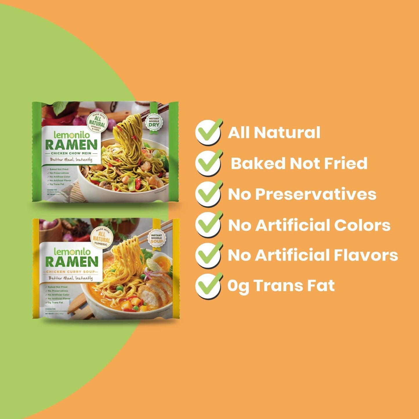 Lemonilo Ramen - Chick'N Chow Mein - Healthy Instant Ramen - Oven Baked Noodles With Spinach And Leek - Made With All-Natural In