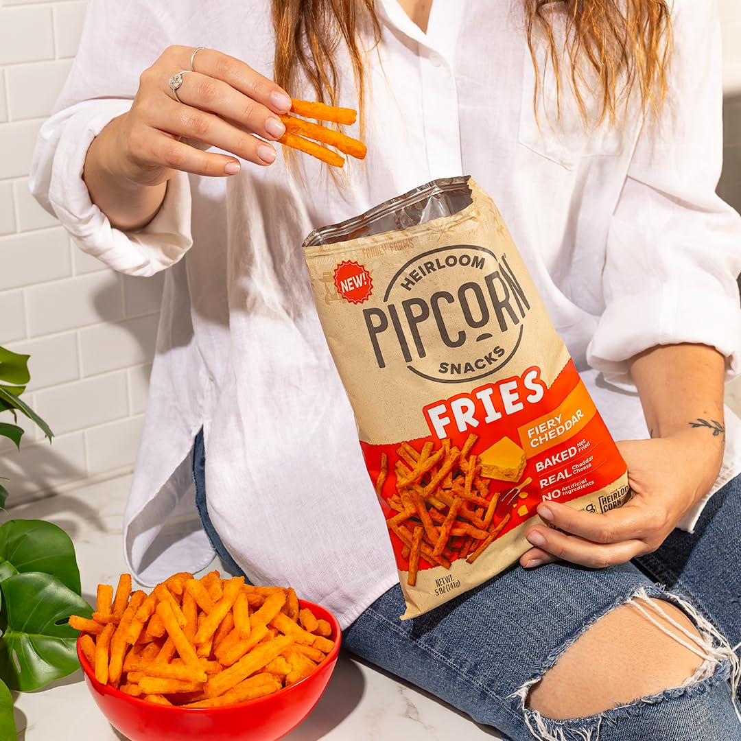Heirloom Baked Fiery Cheddar Fries By Pipcorn - 5Oz 6Pk - Healthy Snacks, Gluten Free Snacks, Non-Gmo, Upcycled Heirloom Corn Fl