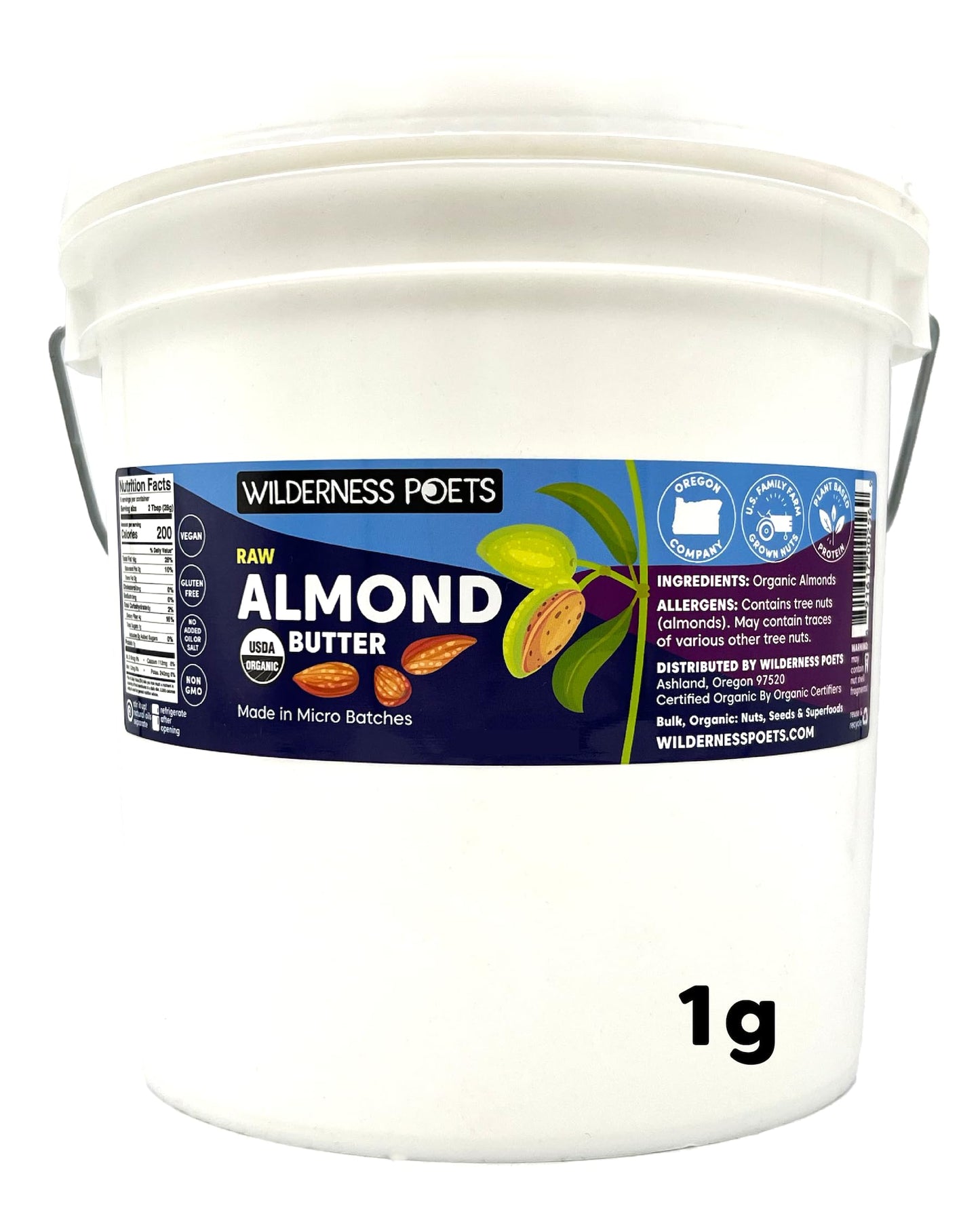 Wilderness Poets, Organic Almond Butter (7 Pound - 1 Gallon) - Raw, Unsweetened, Salt-Free, Vegan Nut Butter
