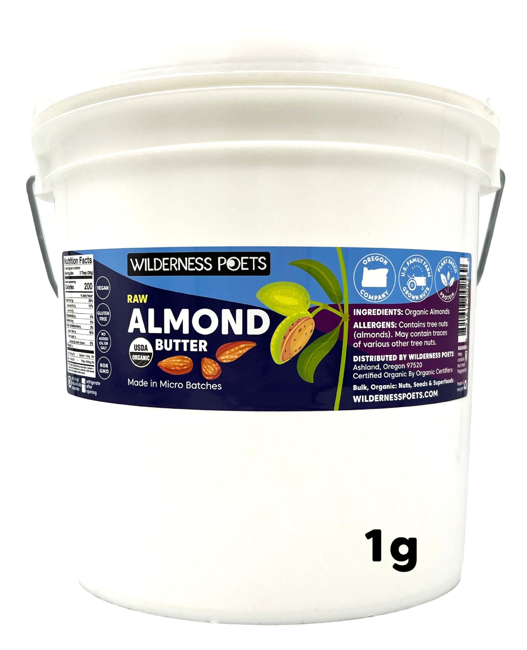 Wilderness Poets, Organic Almond Butter (7 Pound - 1 Gallon) - Raw, Unsweetened, Salt-Free, Vegan Nut Butter