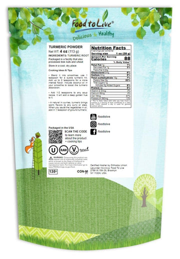 Food To Live Turmeric Powder, 4 Ounces - Finely Ground Turmeric Root, Pure, Kosher, Vegan, Bulk. Fragrant Spice. Contains Curcumin. Great For Asian, Middle East Dishes, Spice Blends, Beverages.