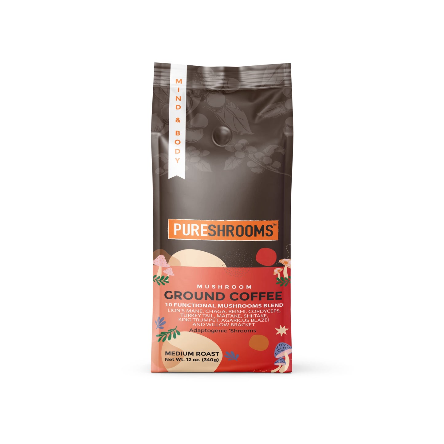 Mushroom Ground Coffee W/ 10 Organic Mushroom Extracts - King Tflavor Blendpet Agaricus Blazei Willow Bracket LionS Mane Chaga Reishi Cordyceps Turkey Tail Maitake Shiitake 340G (Perfect 10)