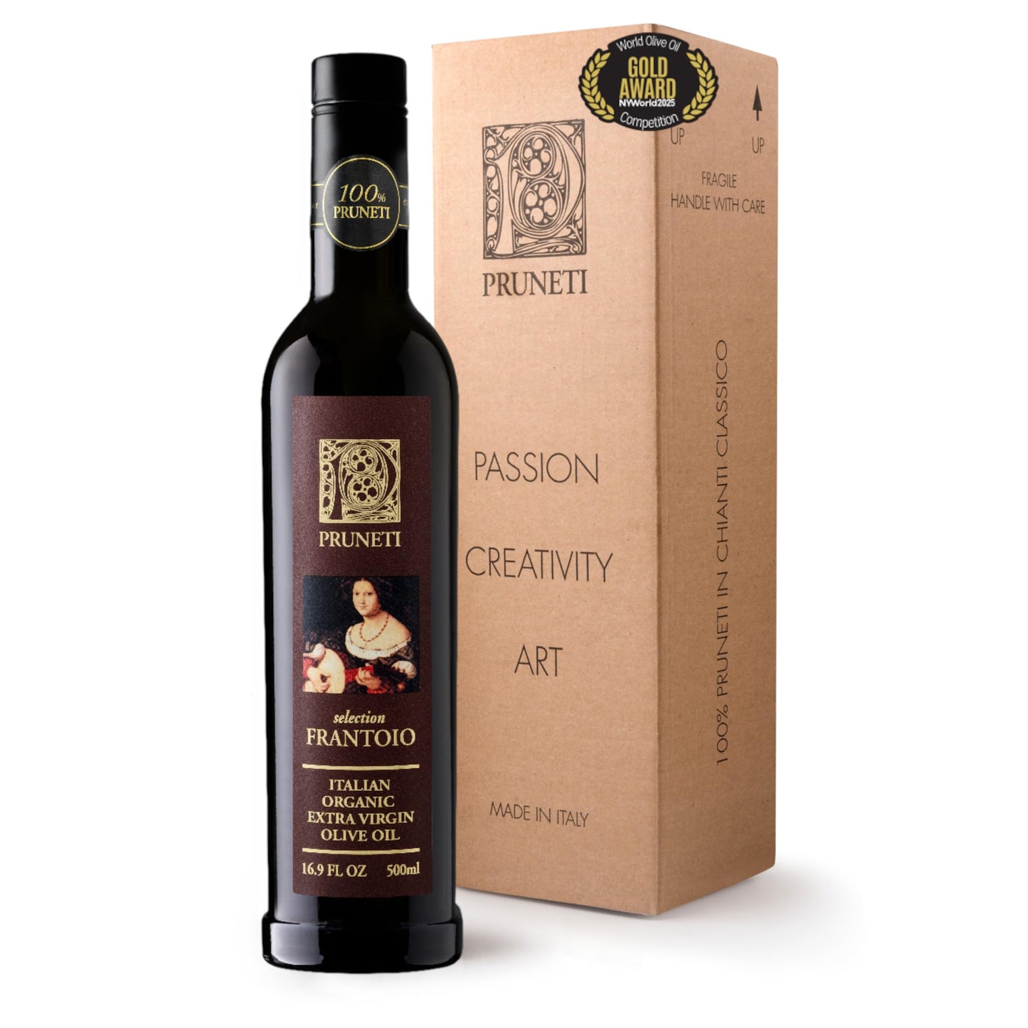 Pruneti - Frantoio Robust Organic New 2024-2025 Early Harvest Italian Olive Oil Extra Virflavor Blend From Tuscany Italy Polyphenol Rich 500+ Mg/Kg Gold Winner First Cold Pressed 16.9 Fl Oz