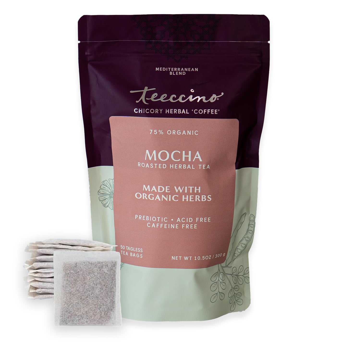 Teeccino Mocha Herbal Tea 50 Tagless Eco-Friendly Tea Bags - Rich & Roasted Herbal Tea Thats Energy Blend Free & Prebiotic For Natural Energy