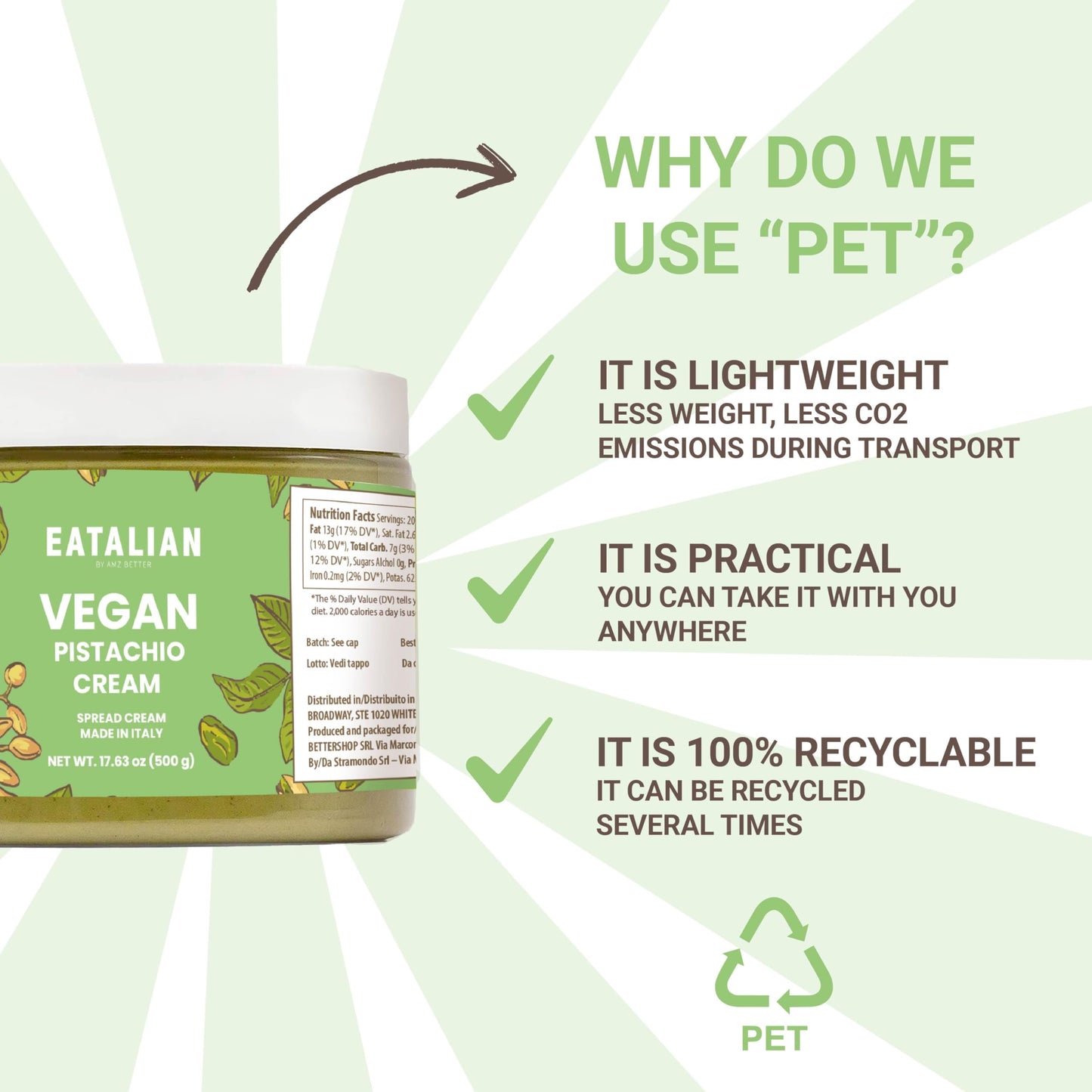 Eatalian By Amz Better Vegan Pistachio Cream, 17.63 Oz/ 500 Gr, Delicious Vegan Spread With A Uniquely Sweet Taste, Ideal On Bre