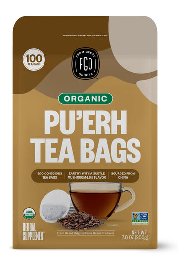 Fgo Organic Pu'Erh Tea, Eco-Conscious Tea Bags, 100 Count