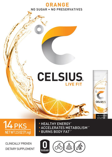 CELSIUS Orange On-the-Go Powder Stick Packs, Pack of 14