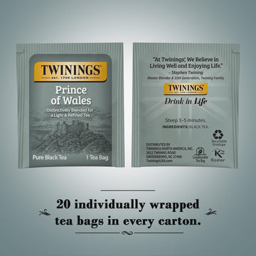 Twinings Prince Of Wales Tea - A Light & Velvety Smooth Caffeinated Black Tea, Individually Wrapped Tea Bags, 20 Count (Pack Of