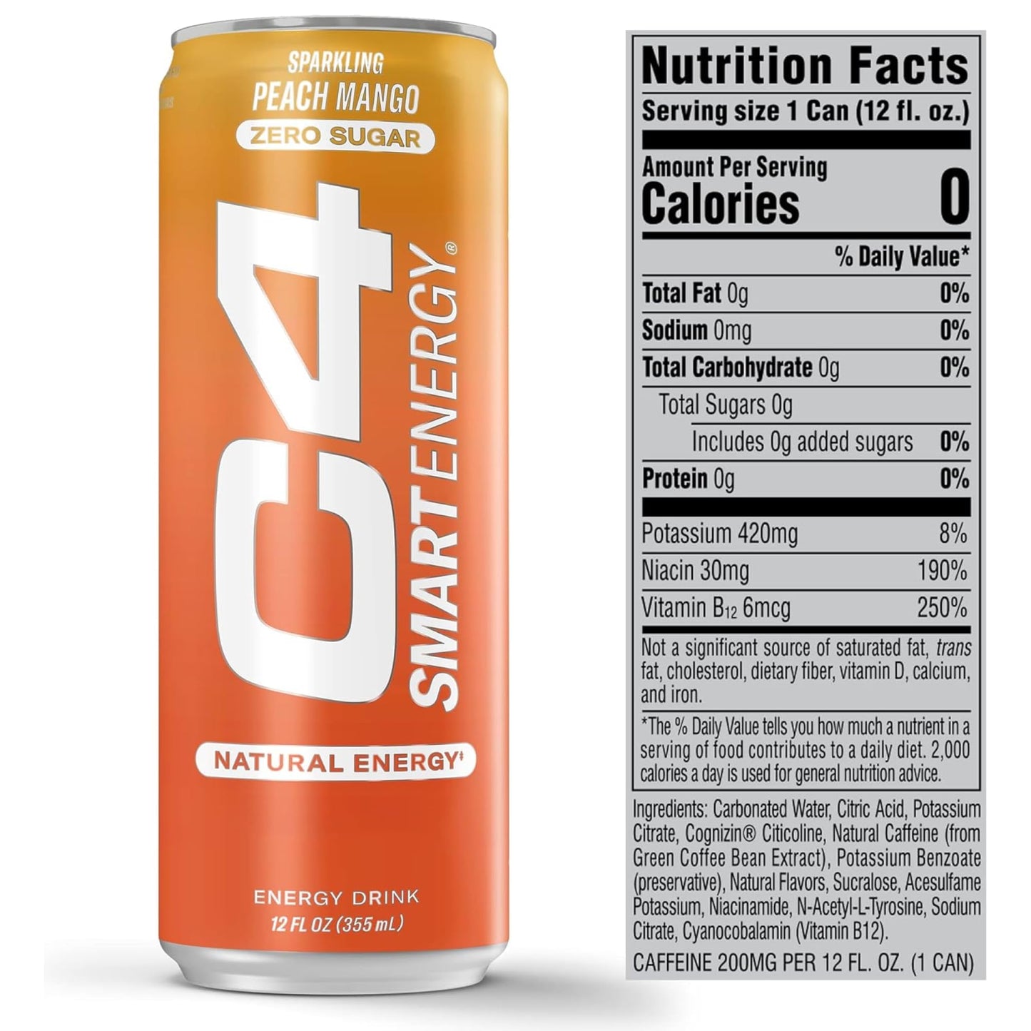 C4 Smart Energy Drink - Boost Focus and Energy with Zero Sugar Natural Energy and Nootropics - 200mg Caffeine - Peach Mango (12oz Pack of 12)