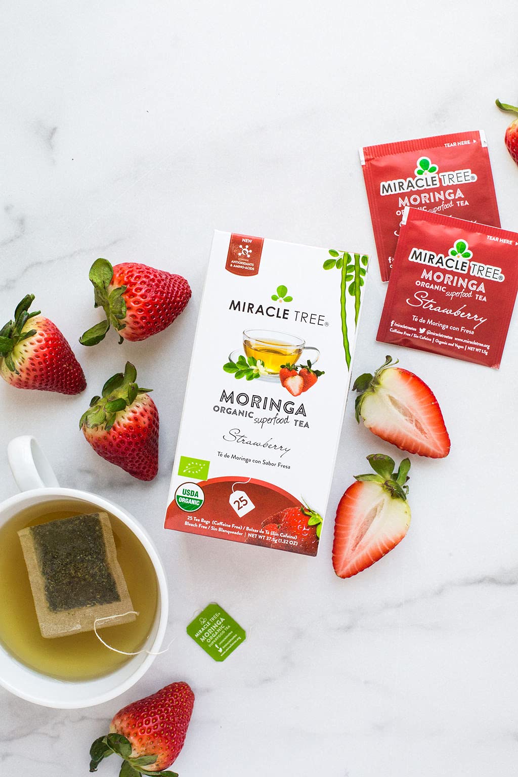 Tree Organic Moringa Superfood Tea - 25 Individually Sealed Bags, Strawberry Flavor, Vegan, Gluten-Free, Caffeine-Free