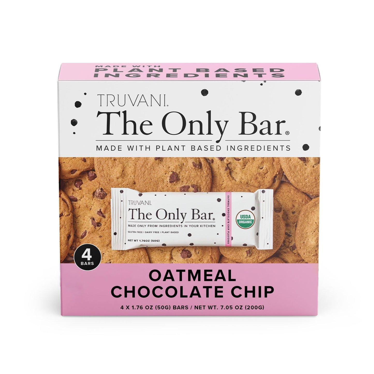 Truvani Plant Based Snack Bar | Oatmeal Chocolate Chip 4 Pack | 6G Protein | Usda Organic And Vegan | The Only Bar | Dairy, Soy,
