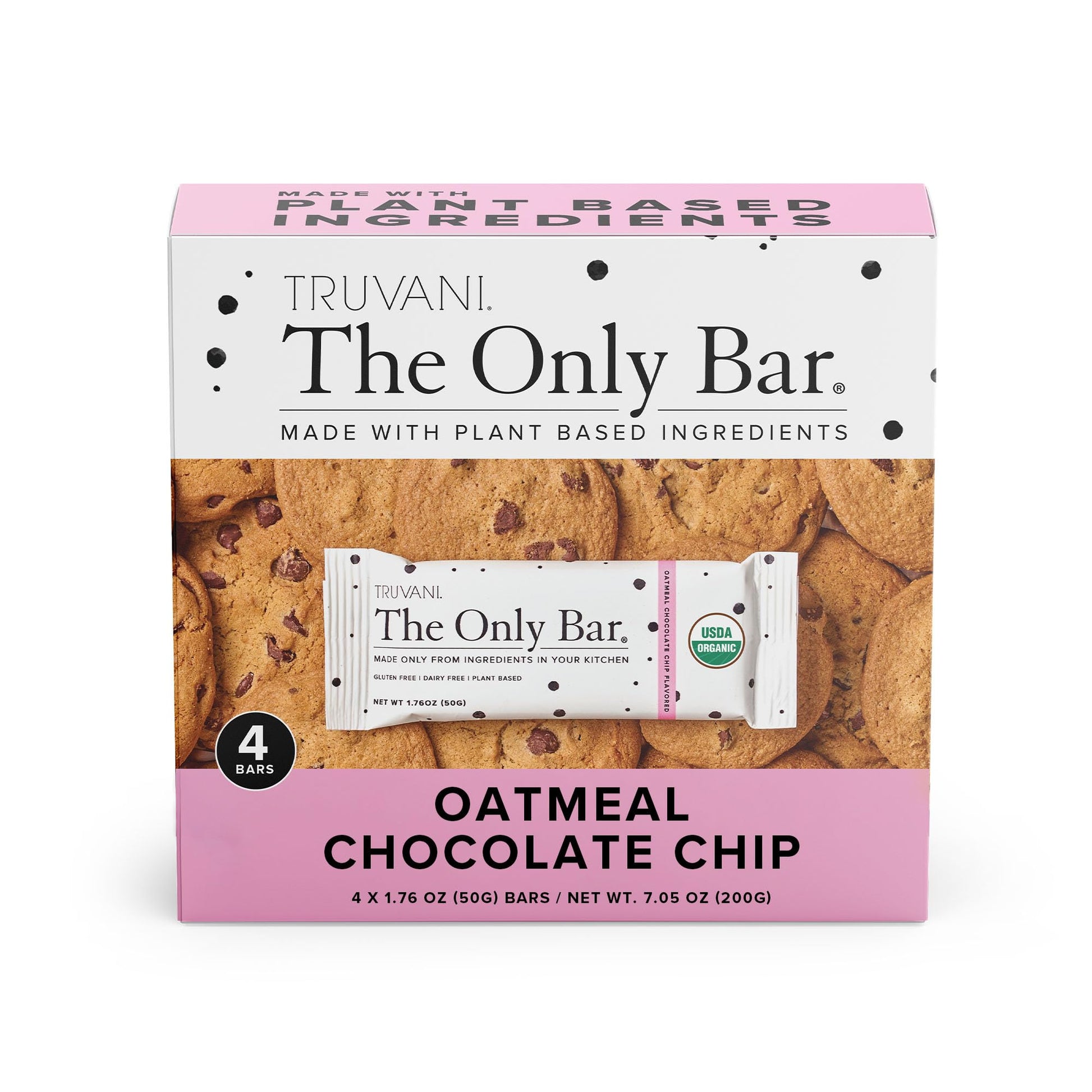 Truvani Plant Based Snack Bars | Oatmeal Chocolate Chip 4 Pack | 6g Protein | USDA Organic and Vegan | The Only Bar | Dairy, Soy