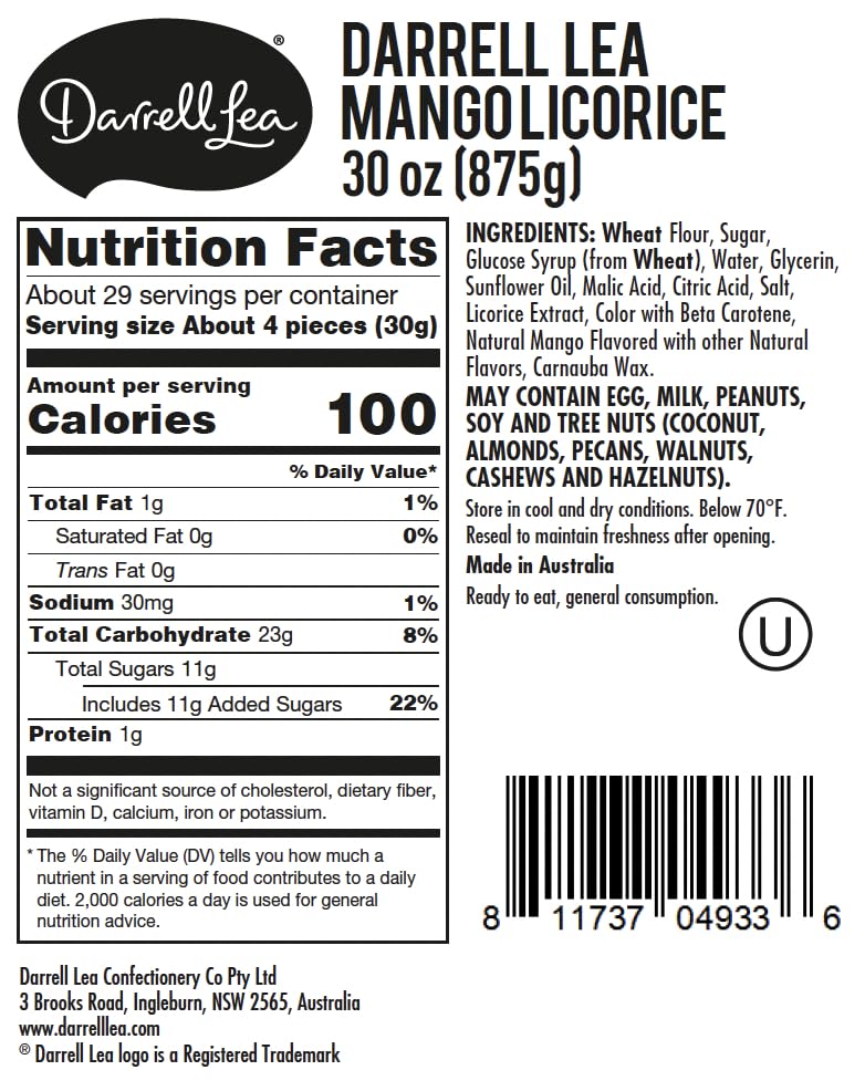 Darrell Lea Australian Licorice, Mango Twist Flavor, 30 Ounce Bulk Bag (1-Pack) | Non-GMO, No Palm Oil, No High Fructose Corn Sy