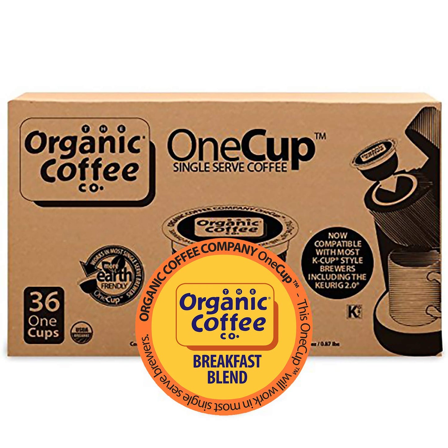 The Organic Coffee Co. Compostable Coffee Pods - Breakfast Blend (36 Ct) K Cup Compatible including Keurig 2.0 Medium Roast USDA Organic