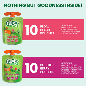 GoGo SqueeZ Fruit & VeggieZ Variety Pack Pedal Peach and Boulder Berry 3.2 oz (Pack of 20) Unsweetened Snacks for Kids Gluten Free Nut Free Dairy Free Recloseable Cap BPA Free Pouches