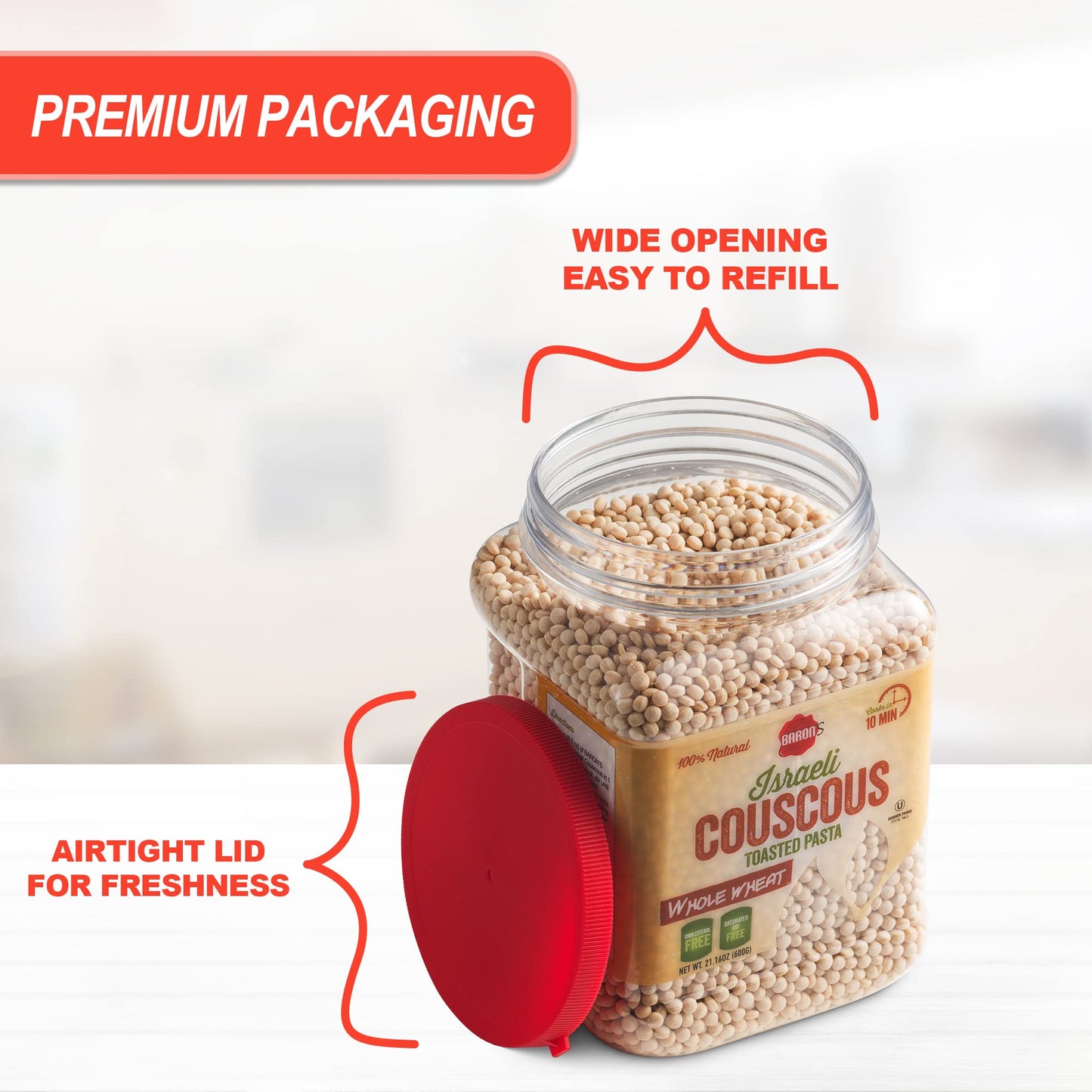 Barons Israeli Whole Wheat Couscous Toasted Pasta | 100% Natural Pearled Noodles for Soups, Side Dishes & More | Cooks in 10 Min