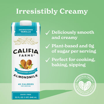 Califia Farms - Unsweetened Vanilla Almond Milk, 32 Oz (Pack Of 6), Dairy Free, Vegan, Plant Based, Keto, Shelf Stable, Vegan, G