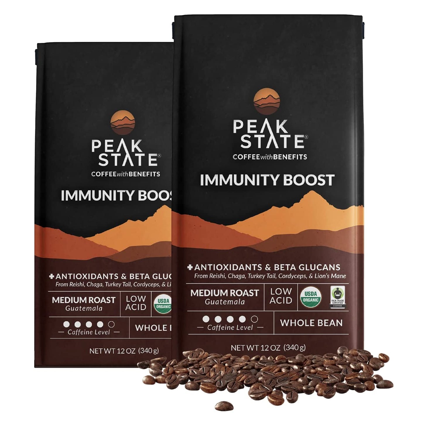 Peak State Coffee with Benefits - Mushroom Coffee Organic Coffee Beans - IMMUNITY BOOST Medium Roast - Low Acid Coffee - Mold Fr