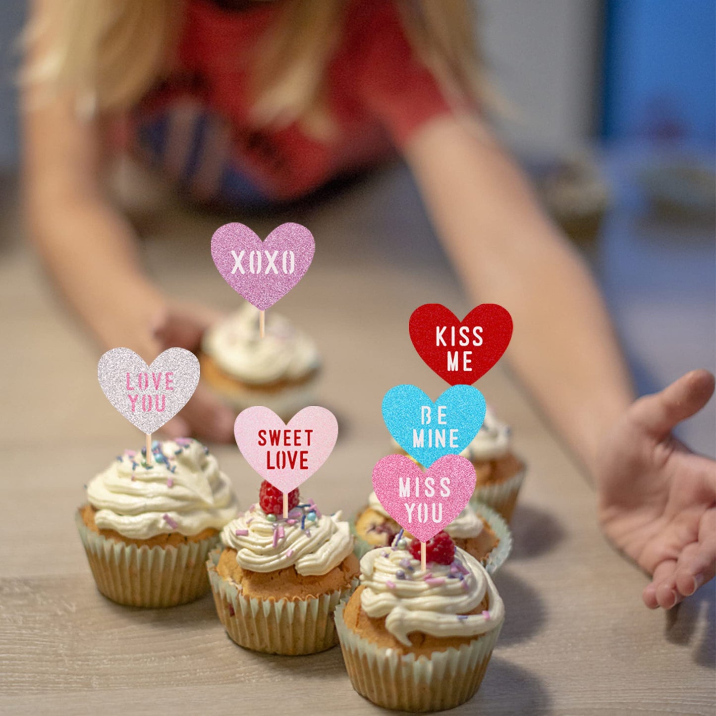 24 Pcs Valentine'S Day Heart Cupcake Toppers Glitter Double Layers Xoxo Sweet Love Be Mine Kiss Me Miss You Cupcake Picks Decora