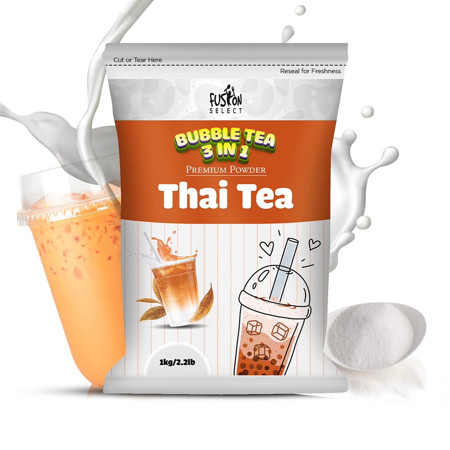 Fusion Select 2.2lb Boba Tea Powder Thai Tea Mix Flavored 3-in-1 Drink Powder with Cream & Sugar - Instant Pre-Mixed Beverage fo