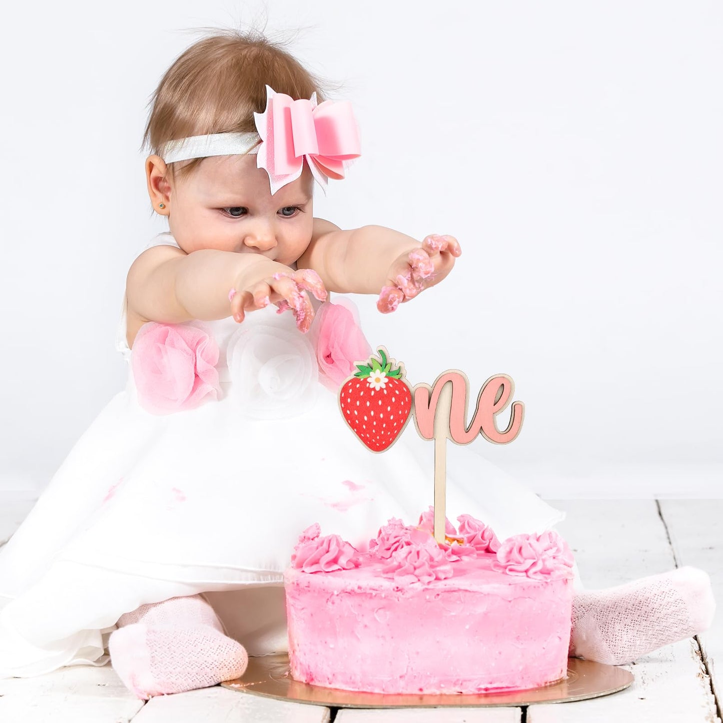 PEUTIER Wooden Strawberry Cake Topper - Pink - 6.3 x 7.5 inches - Model 13113 - Perfect for First Birthday and Baby Shower Parties